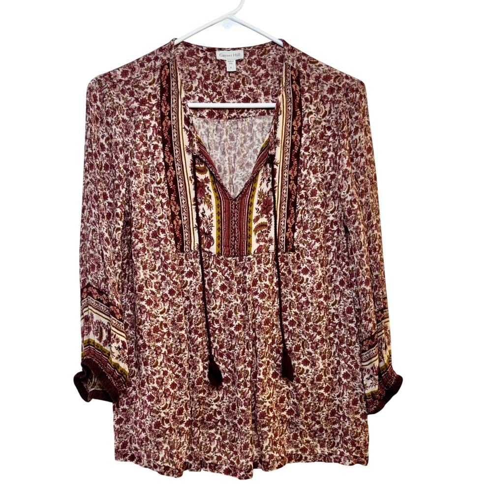 Garnet Hill Boho Border-Print Blouse Peasant Top Women's 6 Light Red 3/4 Sleeves